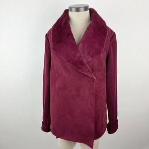 New York & Company Womens Jacket Size Medium Maroon Faux Fur Suede Knit Sweater